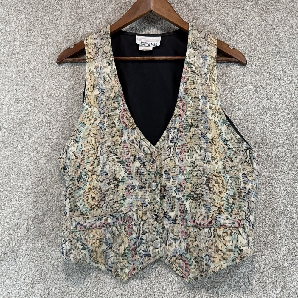 Vintage Casey & Max Tapestry Vest Cottage Floral Western Grandma Boho 90s Sz M